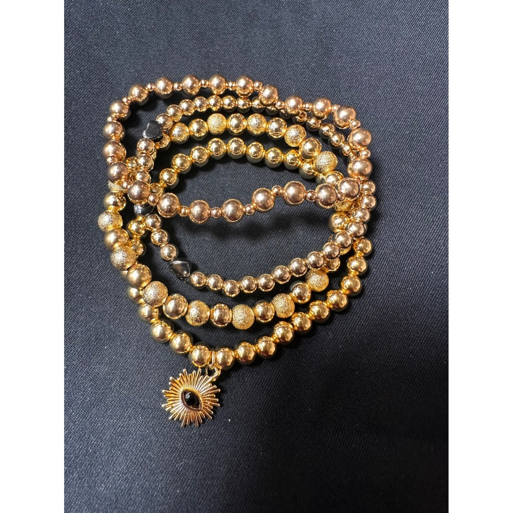 Gold Color Beaded Stretch Bracelet Stack Sunburst Charm Black Hearts 4 Piece Set